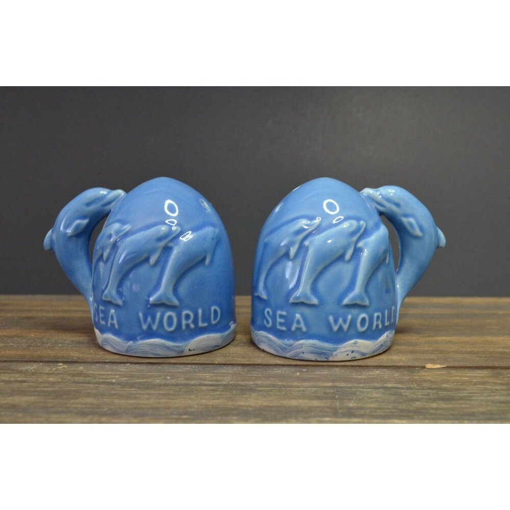 1970s Sea World Dolphin Salt Pepper Shaker Blue Theme Park Vintage